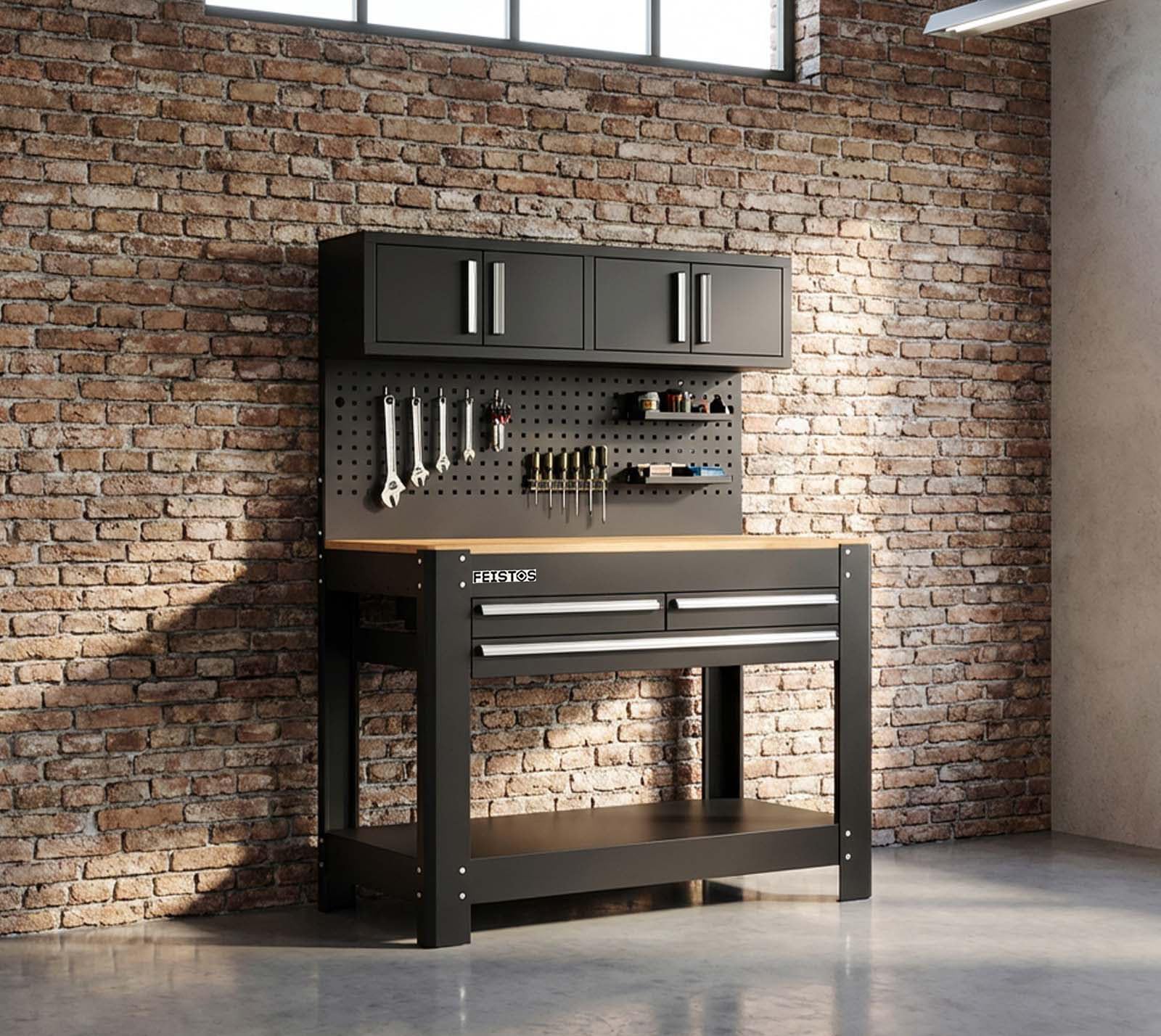Monos 2 Werkbank | Metall Werkstattschrank Schwarz | Multiplex Arbeitsplatte | 61 cm Tiefe | mit Lochwand