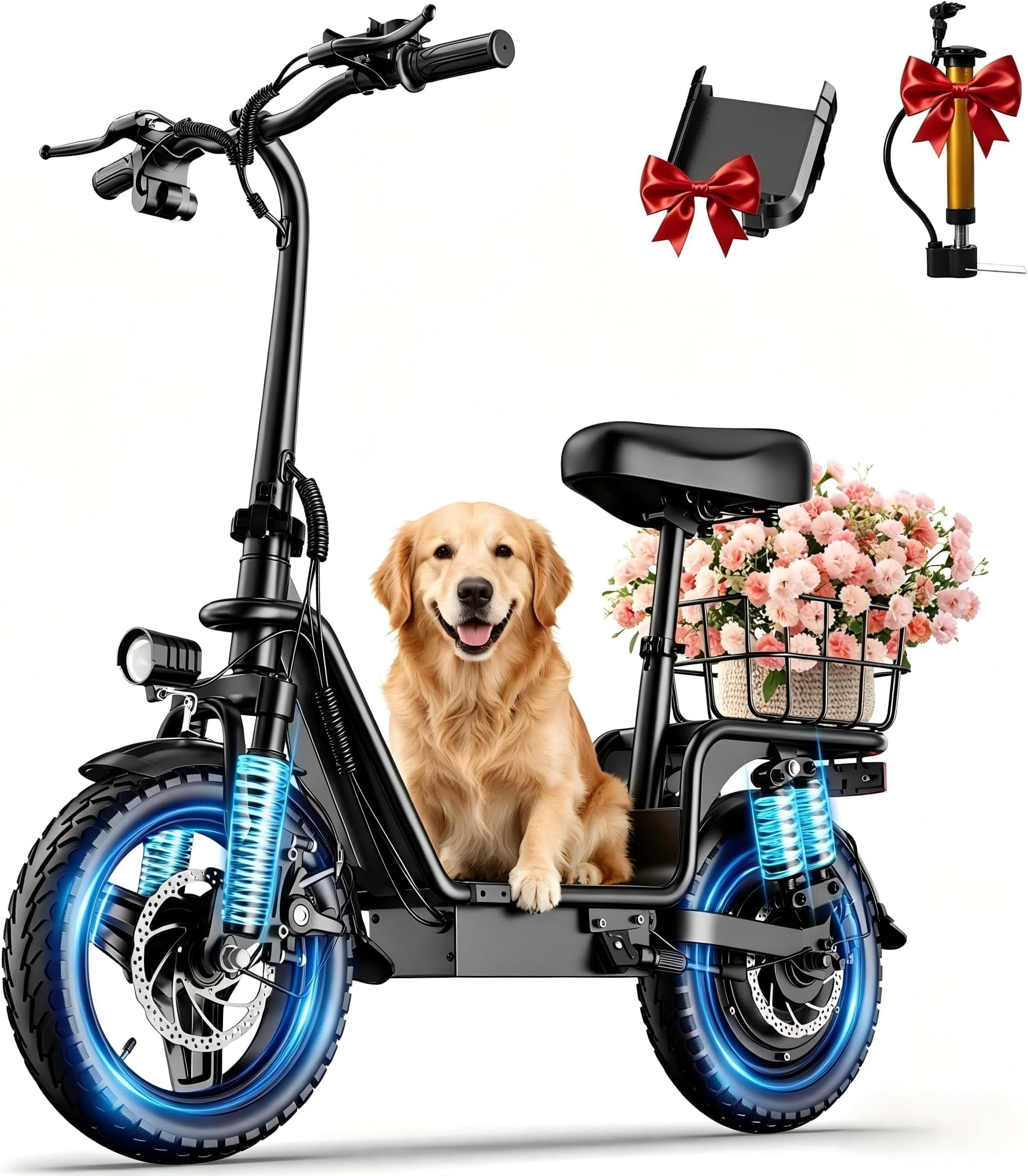 Electric Scooter with Seat for Adults,1800W Peak Power, 42 Mile Long Range, 20MPH, 14" Tires,Off-Road Foldable Commuter E-Scooter with Basket for Pets Dogs and Items, 330lbs Max Load