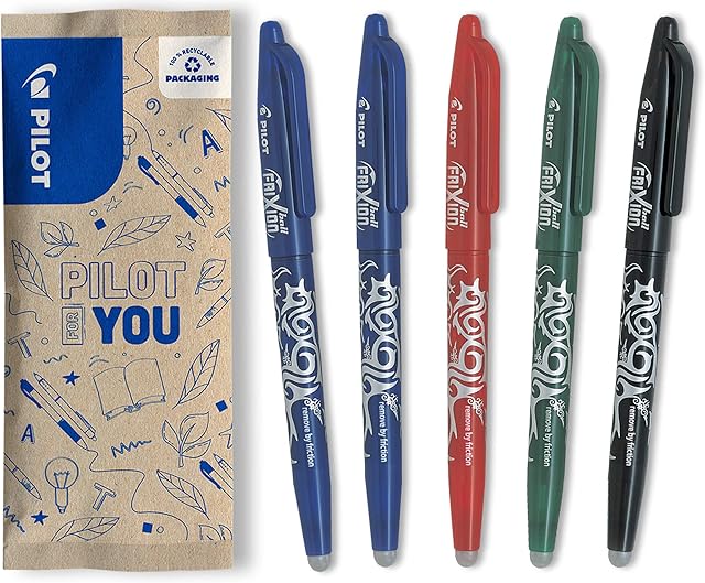 Pilot Frixion Erasable Rollerball 0.7mm Tip - 2 Blue/1 Red/1 Green/1 Black (Pack of 5)