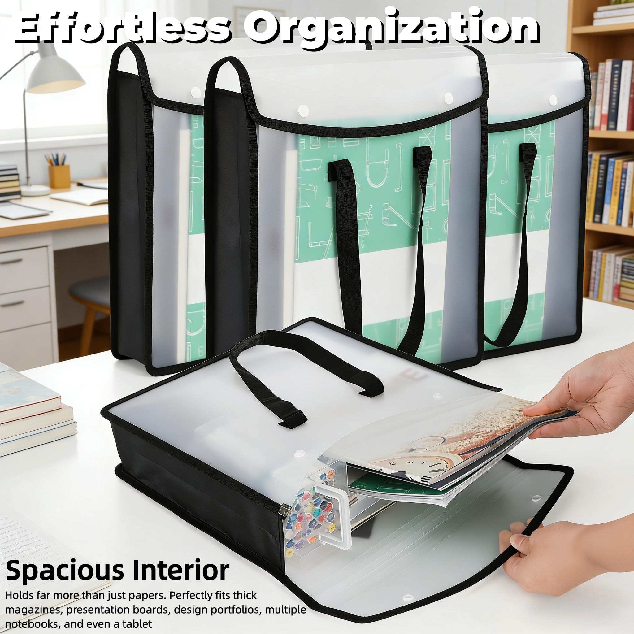Paquete de 5 organizadores de almacenamiento expandibles de 14 x 13 pulgadas, carpetas de plástico negro con asa, soporte de papel de gran capacidad para documentos de cartulina de papel de