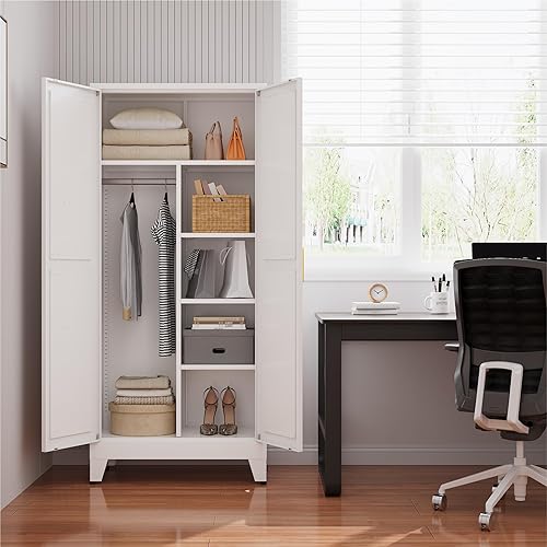 Miniatura 6 de Armario de metal con barra para colgar, armario de metal de 71 pulgadas con 2 puertas y 4 estantes ajustables, armarios de dormitorio, armarios de