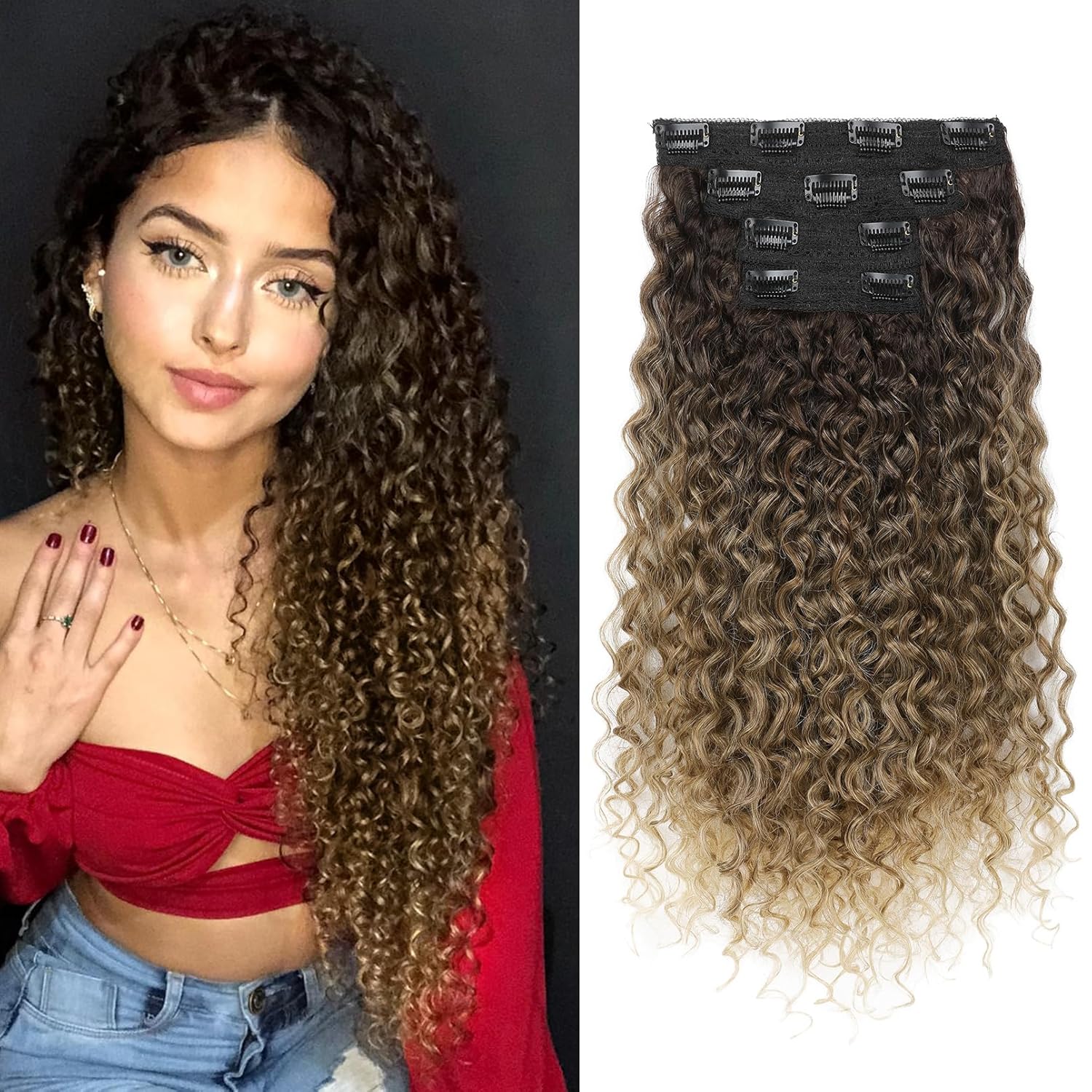 Clip in Hair Extensions, FLUFYMOOZ 4PC 100％ Pure Protein Silk Hair Extensions Long Soft Natural Hairpiece 20 Inch Curly Hair Extension for Women (Dark Brown to Medium Brown Light Roots)