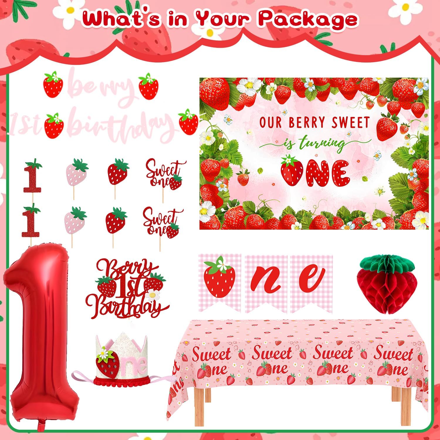 Berry First Birthday Decor Strawberry 1st Birthday Decorations for Girls, Sweet One Birthdays Party Decorations Kit Cake Topper High Chair Banner Strawberry Theme Backdrop Party Decor