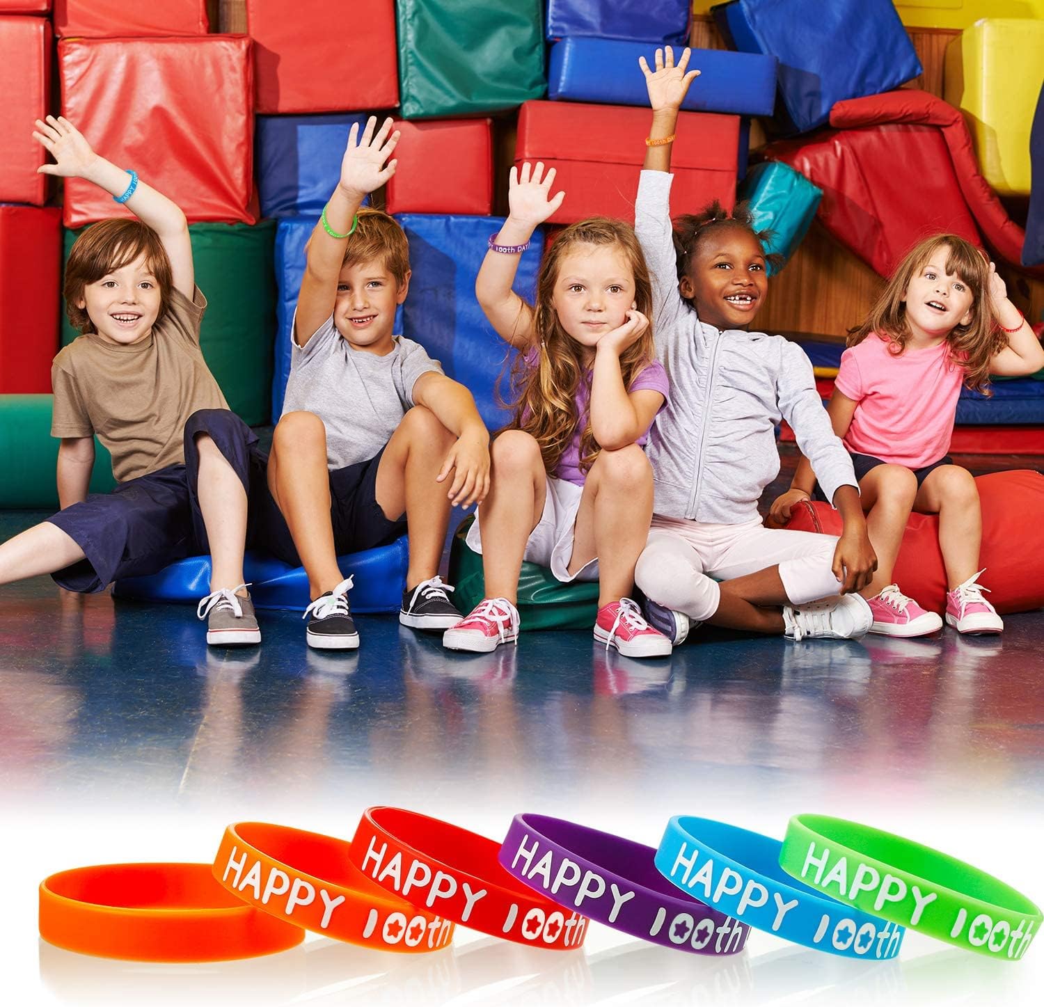 WILLBOND 50 Pcs Happy 100th Day of School Silicone Bracelets Colorful Rubber Wristbands Gift for Kindergarten Teacher Student Rewards Classroom Party Supplies Decoration