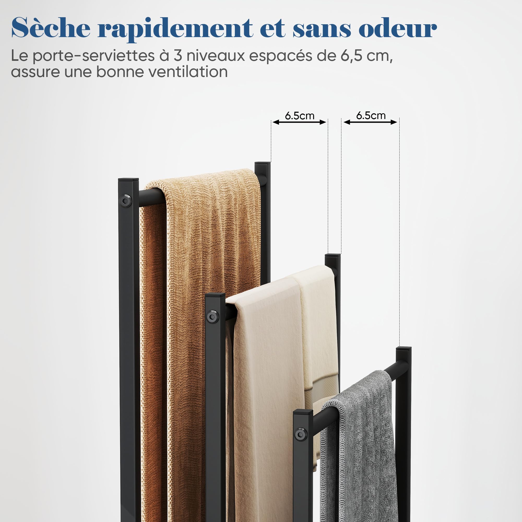 Porte Serviette sur Pied Salle De Bain, Support Serviettes Autoportant en Métal, Porte-Serviettes Noir sur Pied à Trois Niveaux, pour Les Serviettes de Toilette et Les Draps de Bain