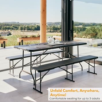 Durable 6ft Folding Bench Seat - L 70.87’’ x W 11.02’’ x H 16.93’’ (180 x 28 x 43 cm) - Portable Black Plastic Bench with Convenient Carry Handle - Perfect for Garden, Picnic, Party, and Camping