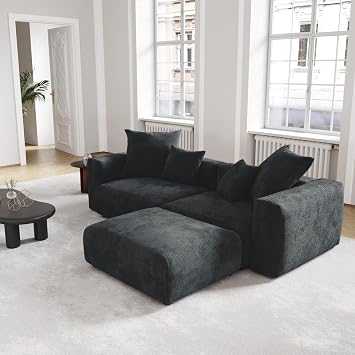 WJShome Modular Sectional Couch Sofa with 4 Pillows, 102" L Shaped Sofa Couch with Chaise Ottomans,Corduroy Fabric Couches Black