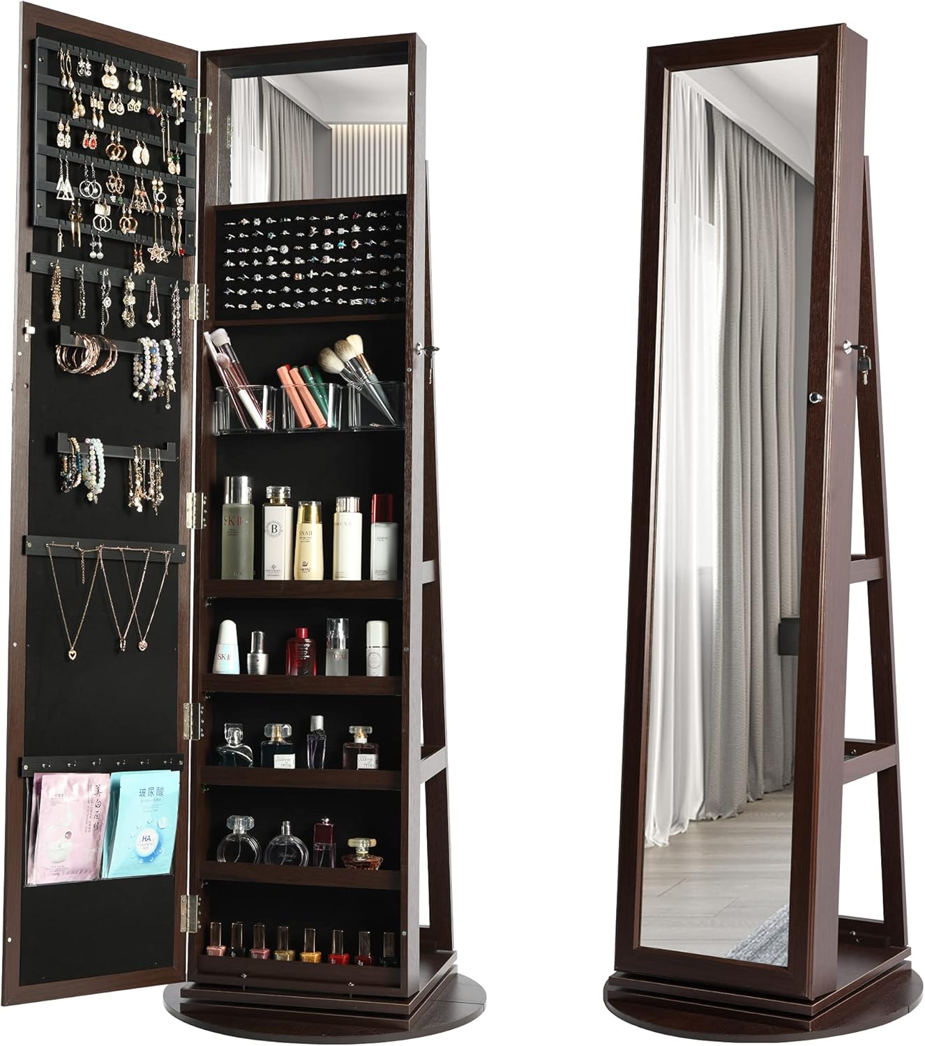 LVSOMT 360° Swivel Jewelry with FullLength Mirror, Lockable