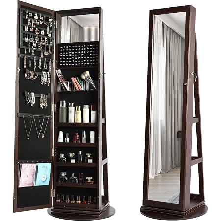 Jewelry Cabinet Armoire With Full Length Mirror - 360° Swivel & Wall Mount, Lockable With LED Lights & Drawers | Antique Brown Organizer