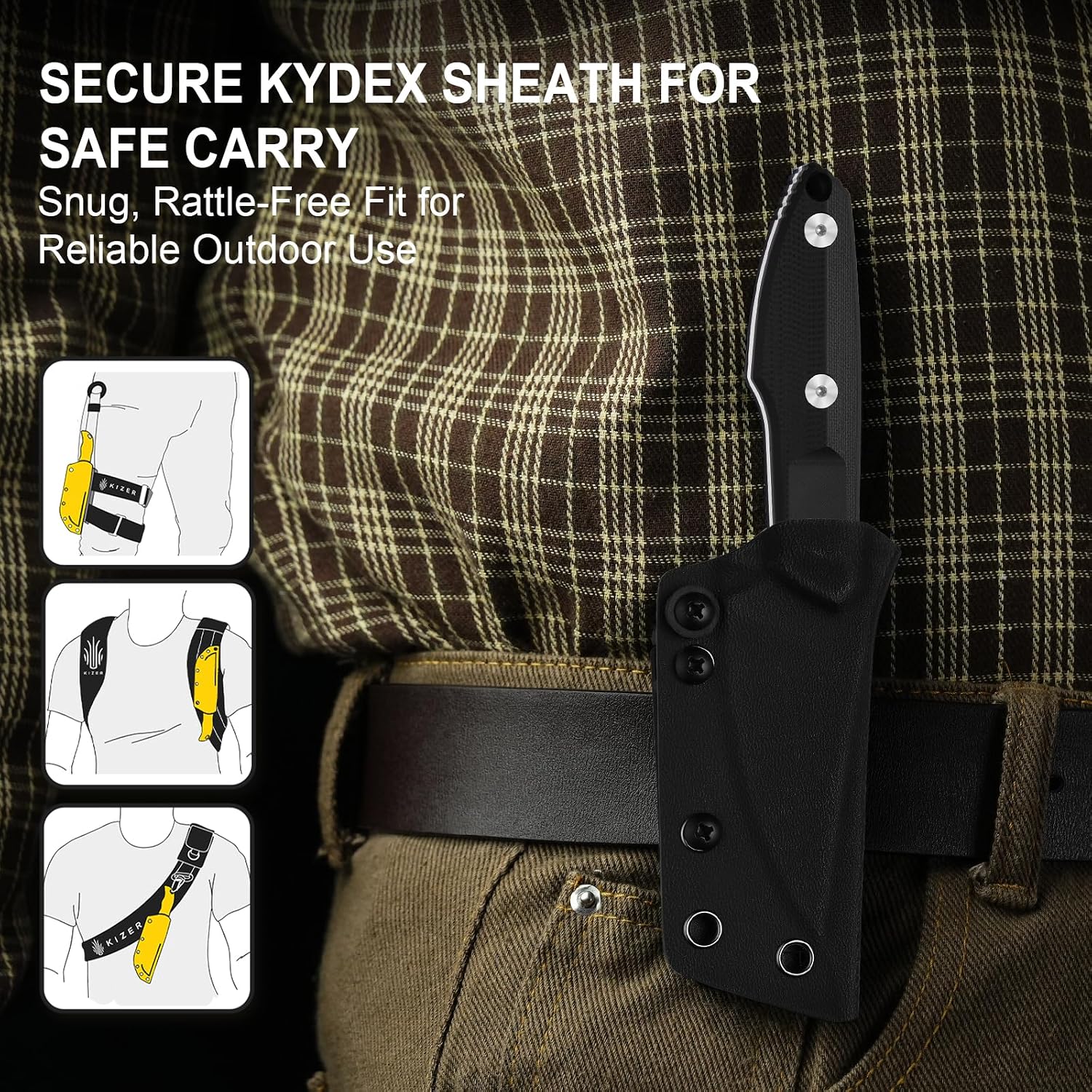 Kizer Splinter Fixed Blade Knife, 3.15" AEB-L Blade, Black & Brown G10 Handle, Small EDC Fixed Blade Knife with Kydex Sheath for Hunting Camping Survival Outdoor Adventure, 1087A1