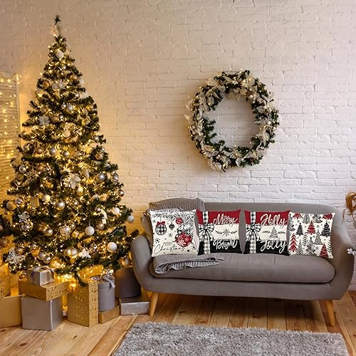 Vista 58 de ONFAON Juego de 4 fundas de almohada rojas con árboles de Navidad, 18 x 18 pulgadas, decoración de Navidad y vacaciones de invierno para sofá
