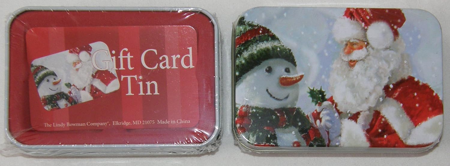 Lindy Bowman Christmas Holiday Gift Card Tin Box (Santa and Snowman) Gift Wrap