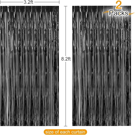 CHRORINE 2pcs 3ft x 8.3ft Black Tinsel Fringe Curtains Streamers Photo Backdrop for Birthday Graduation Halloween Anniversary Party Decorations