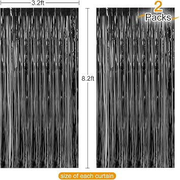 CHRORINE 2pcs 3ft x 8.3ft Black Tinsel Fringe Curtains Streamers Photo Backdrop for Birthday Graduation Halloween Anniversary Party Decorations