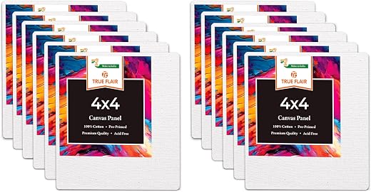 Trueflair Pack of 12 Canvas Boards for Painting - Suitable for Acrylic, Gouache, Watercolour, Ink Painting, 100% Cotton Ca...
