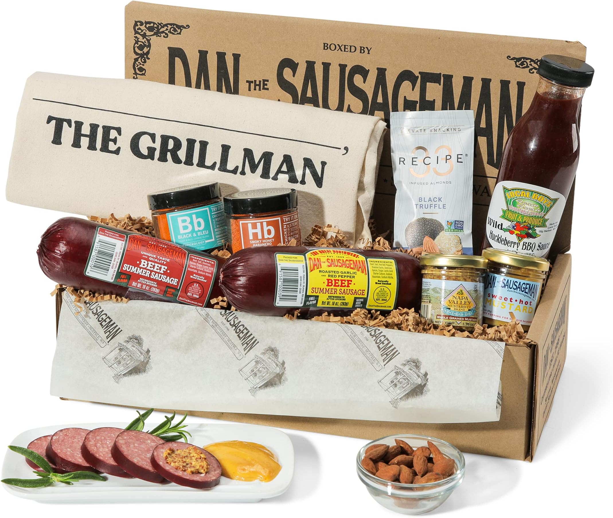 DAN THE SAUSAGEMANSummertime Grill Box with Customizable Apron, Smoked Summer Sausages, Local Spice Rubs, Barbeque Sauce, and Mustards