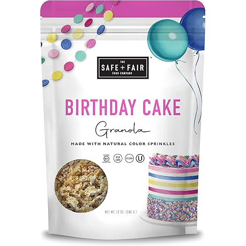 Safe + Fair Birthday Cake Granola – Gluten-Free, Vegan & Plant-Based Snack with Natural Sprinkles – 0g Trans Fat, Non-GMO, Kosher, Allergen-Free, Whole Grain - 12oz