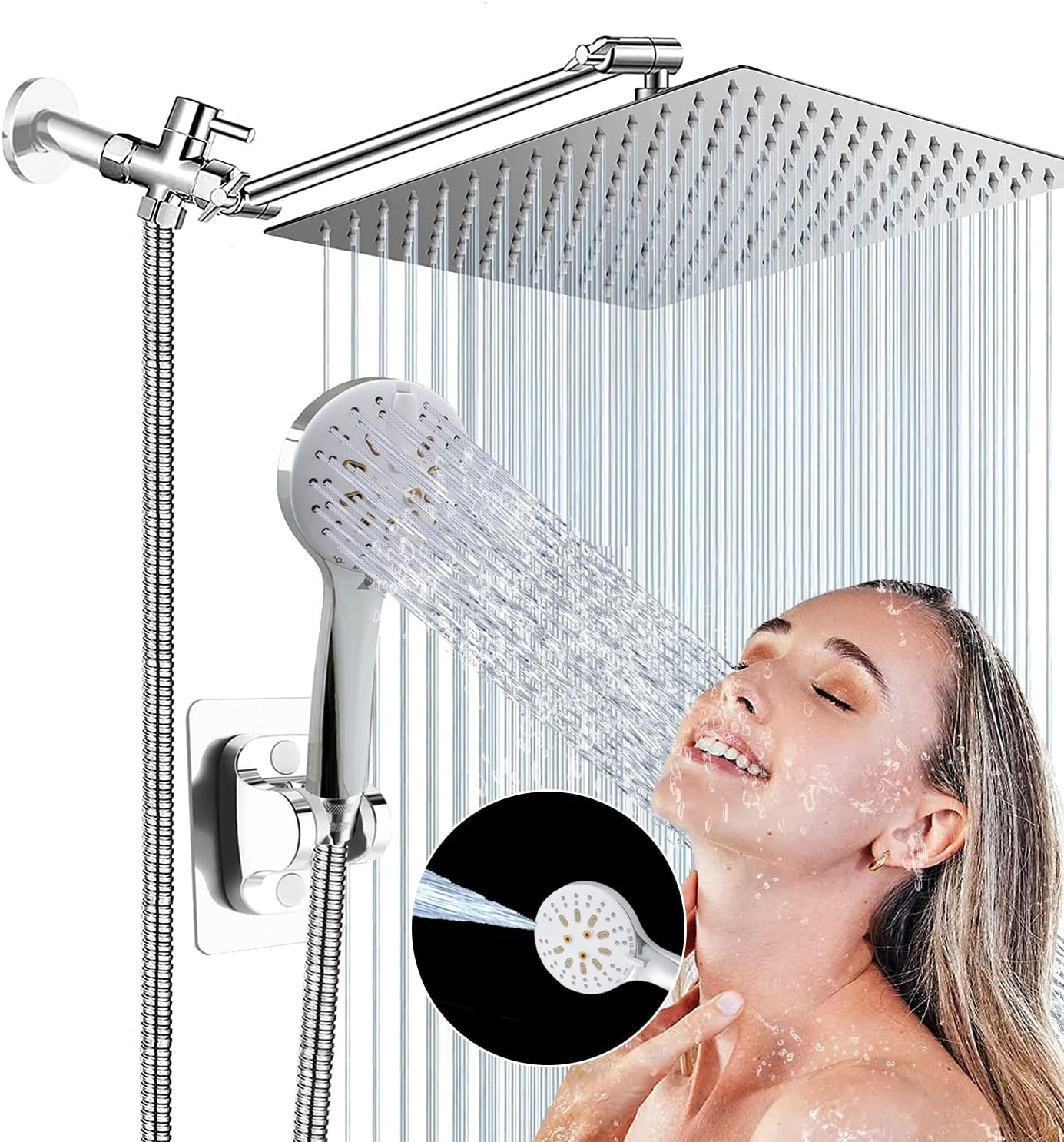 Rain Shower Head with Handheld Spray Combo High Pressure 3+6 mode built-in power wash, Dual Square Showerhead with 11'' Extension Arm Height/Angle Adjustable, 3-Way Diverter, Chrome, AWAXFOLO