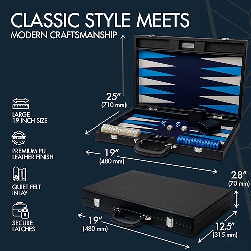 Miniatura 3 de Juego de backgammon prémium de 19 pulgadas para adultos, cuero negro - azul. Juego de damas y dados prémium de 1.6 pulgadas, juego de backgammon de