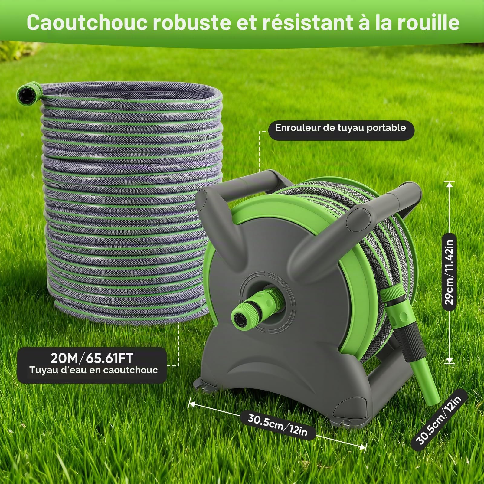 Garden Enrouleur de tuyau de 20 m avec 6 dévidoir mobile de tuyau d'arrosage - Enrouleur de tuyau mobile - Montage mural peu encombrant et amovible à tout moment - Seringue et pièces du système