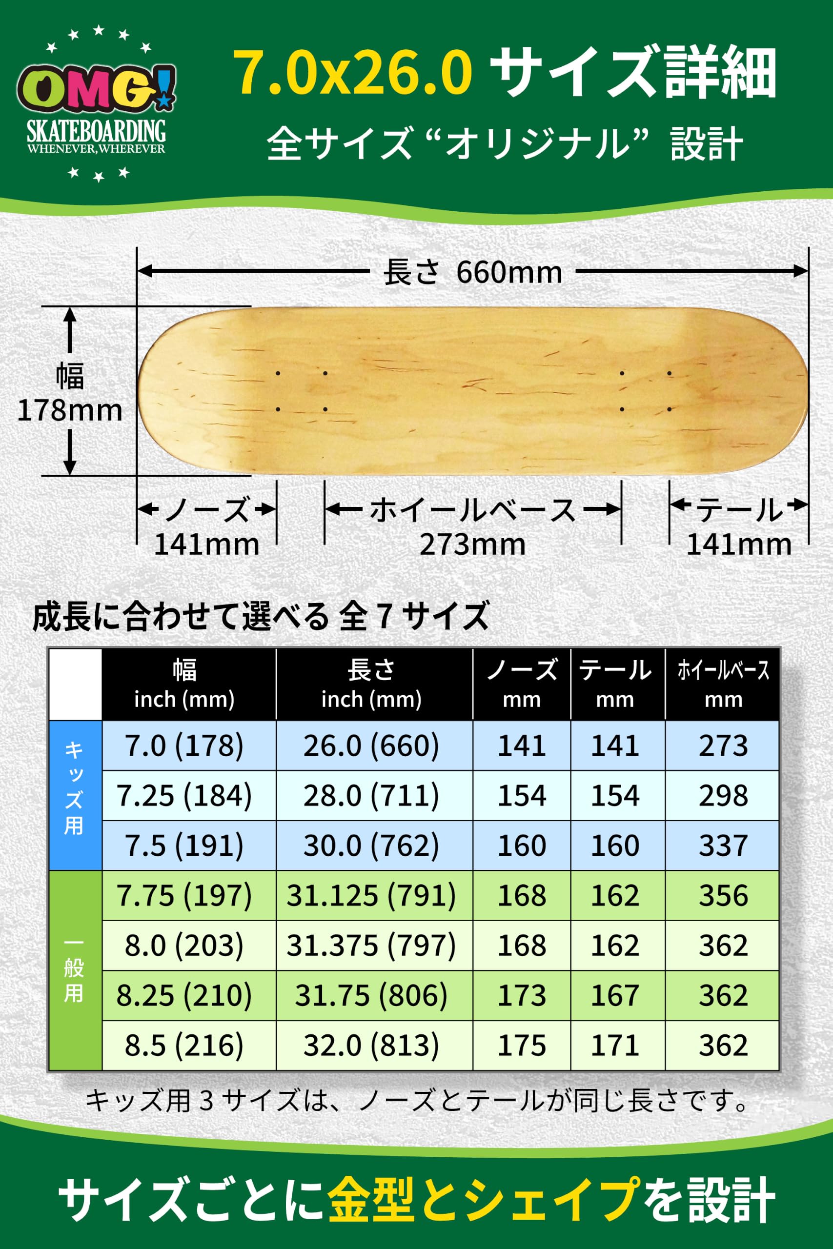 Amazon | OMG! スケートボード デッキ単品 7.0 x 26.0 キッズ用 前後