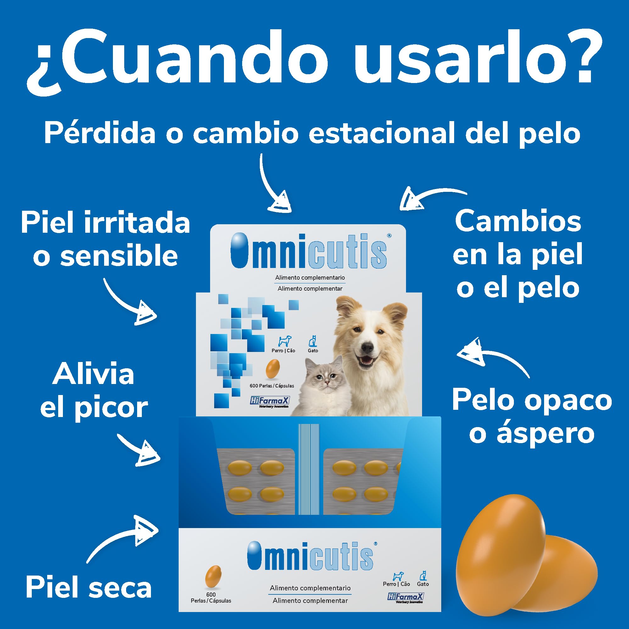 Omnicutis Hifarmax - Suplemento con Vitaminas, Zinc y Omega 3 para Perros y Gatos | Anticaída de Pelo, Alivio de Picor, Cuidado de la Piel y Pelo Brillante | Vitaminas para Perros y Gatos | 600 Perlas