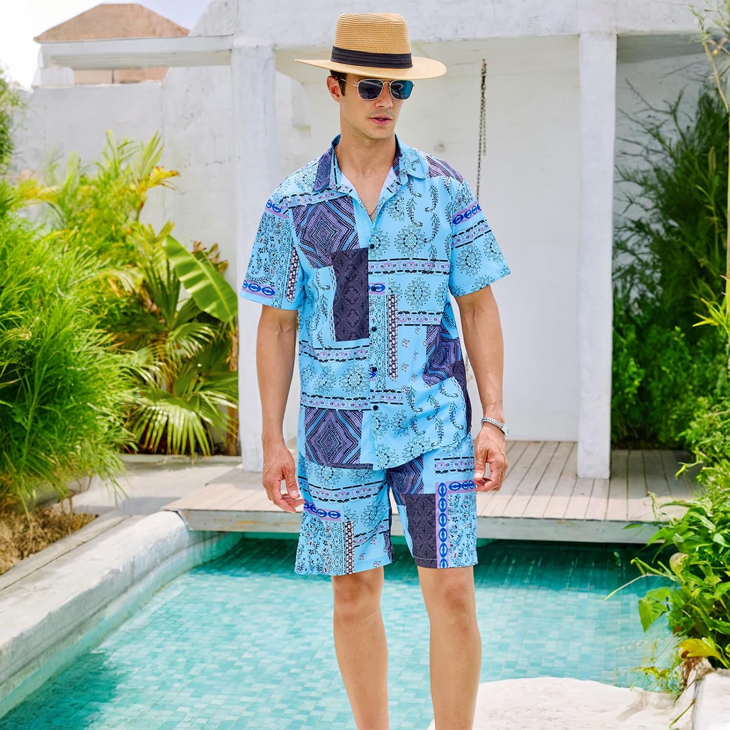 Men’s Summer 2 Piece Set – Short Sleeve Button Shirt & Drawstring Shorts Paisley Print Beachwear - Image 6