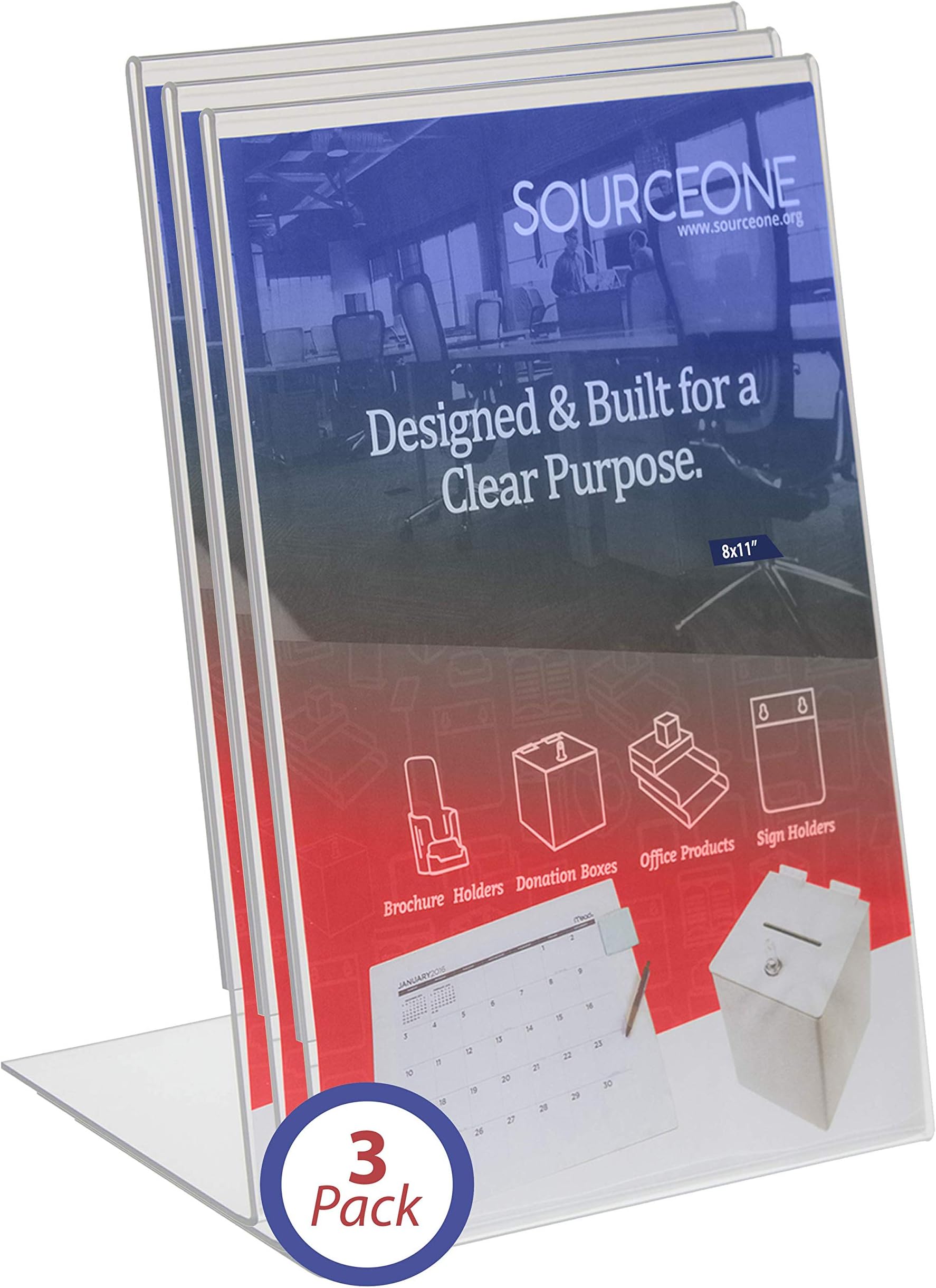 SourceOne Slant-Back Sign Holder – Portrait-Style Ad Frame – Side Insert – Clear Acrylic – 3-Pack