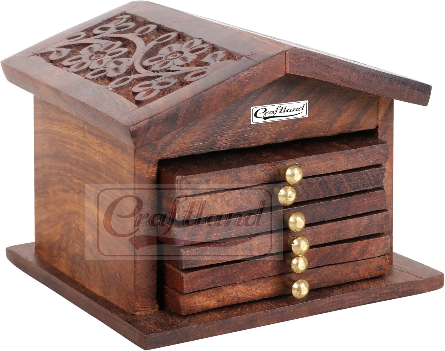 Craftland Wooden Handcrafted (Carved) hut Shaped Coaster Set of 6 for Kitchen/Dining Table Decorative Item for Table/Home