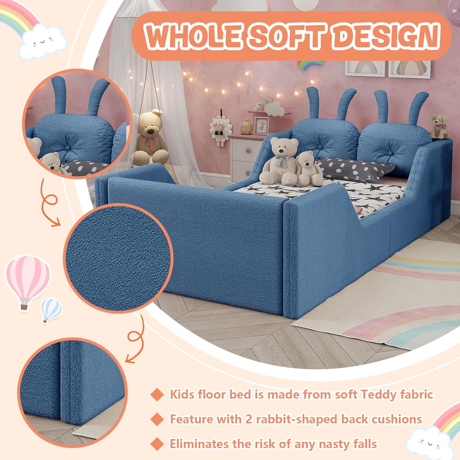 anwickjeff Twin Size Floor Bed for Kids, Upholstered Platform Bed with Removable Safety Rails & Rabbit Cushions, Low Profile Toddler Bed, No Box Spring Needed, Soft Teddy Fabric (Blue)