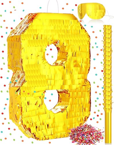 Miniatura 1 de Piñata de número de lámina dorada de 16 x 11 x 3 pulgadas, piñata pequeña con palo de 15.7 pulgadas, confeti dorado para niños, niñas, decoraciones