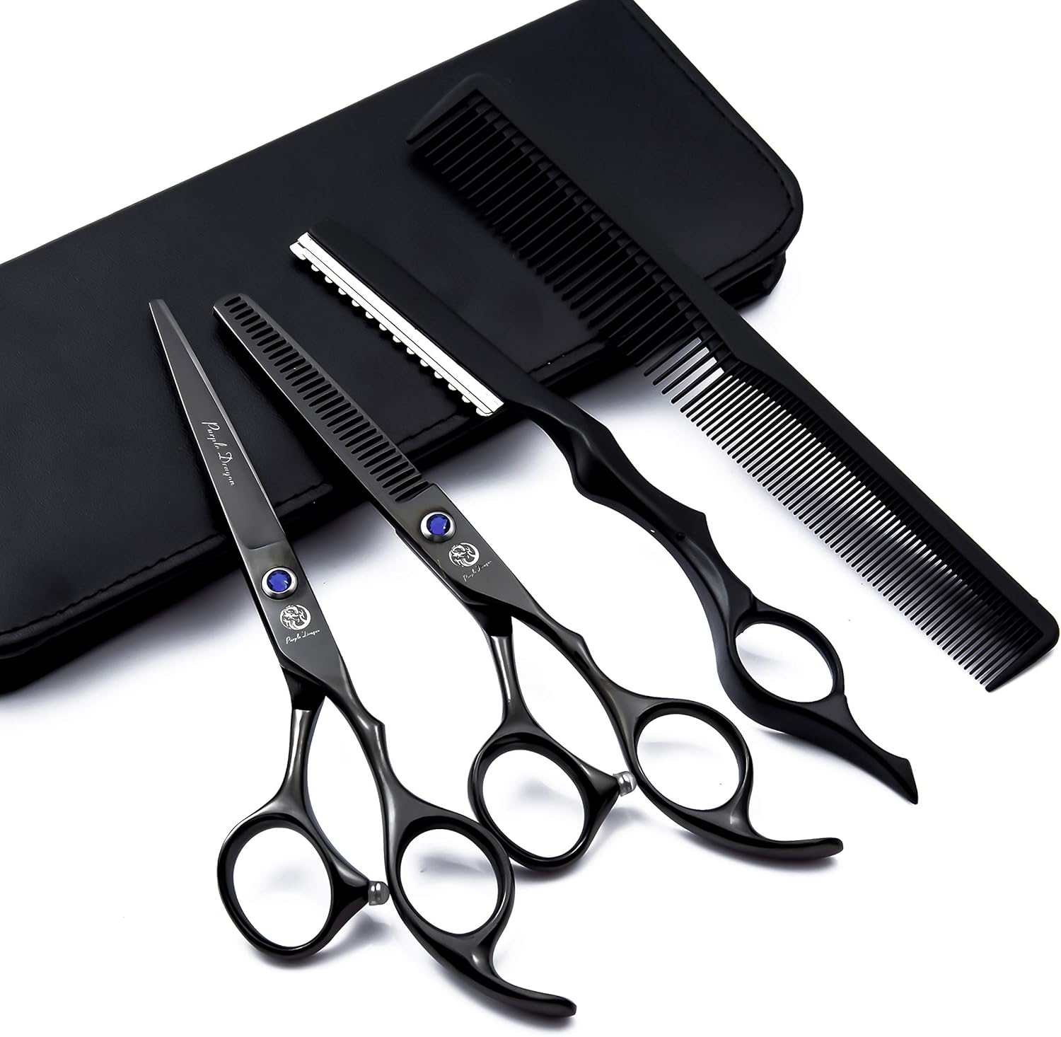 6.0" Black Hair Cutting Scissors Set with Razor, Leather Scissors Case, Barber Hair Cutting Shears Hair Thinning/Texturizing Shears for Professional Hairdresser