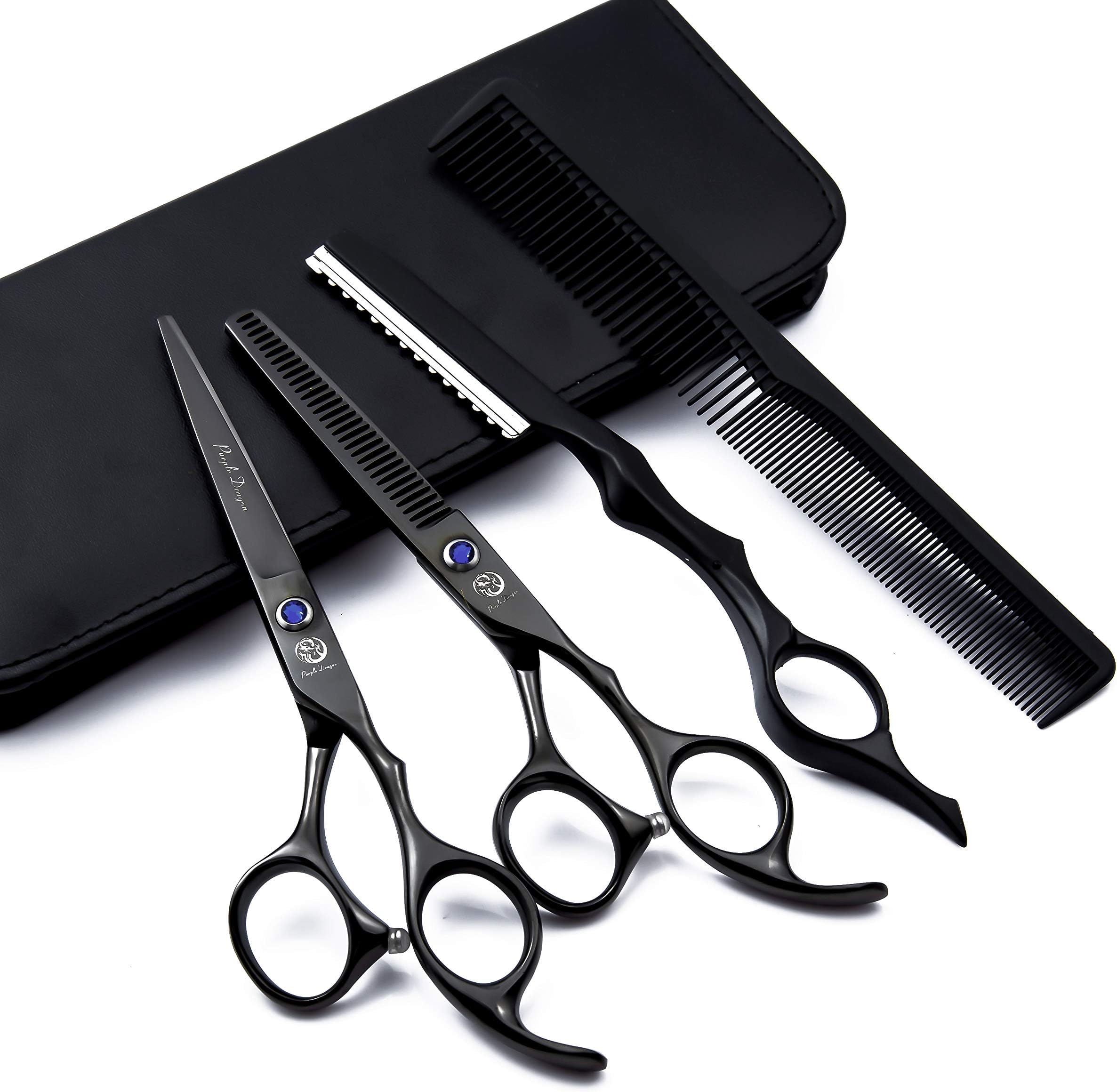 Purple Dragon 6.0" Black Hair Cutting Scissors Set with Razor, Leather Scissors Case, Barber Hair Cutting Shears Hair Thinning/Texturizing Shears for Professional Hairdresser | Leather Scissors Case, Shears for Barber Hair Cutting Thinning or Texturizing, for Professional Hairdresser or Home Use