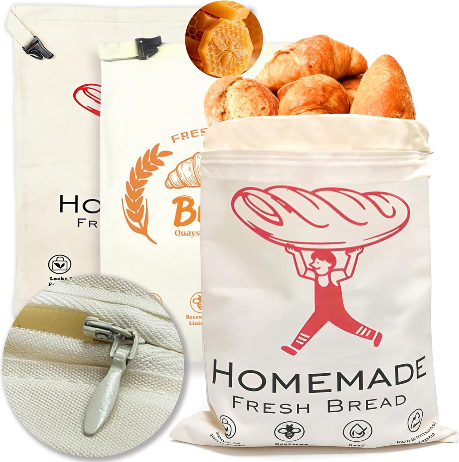 3pc-Beeswax Bread Bags for Homemade Bread & Sourdough,Zipper, – XL Eco-Friendly, Natural, Food-Safe Storage Bag to Keep Loaves Fresh Longer – Sustainable, Zero Waste