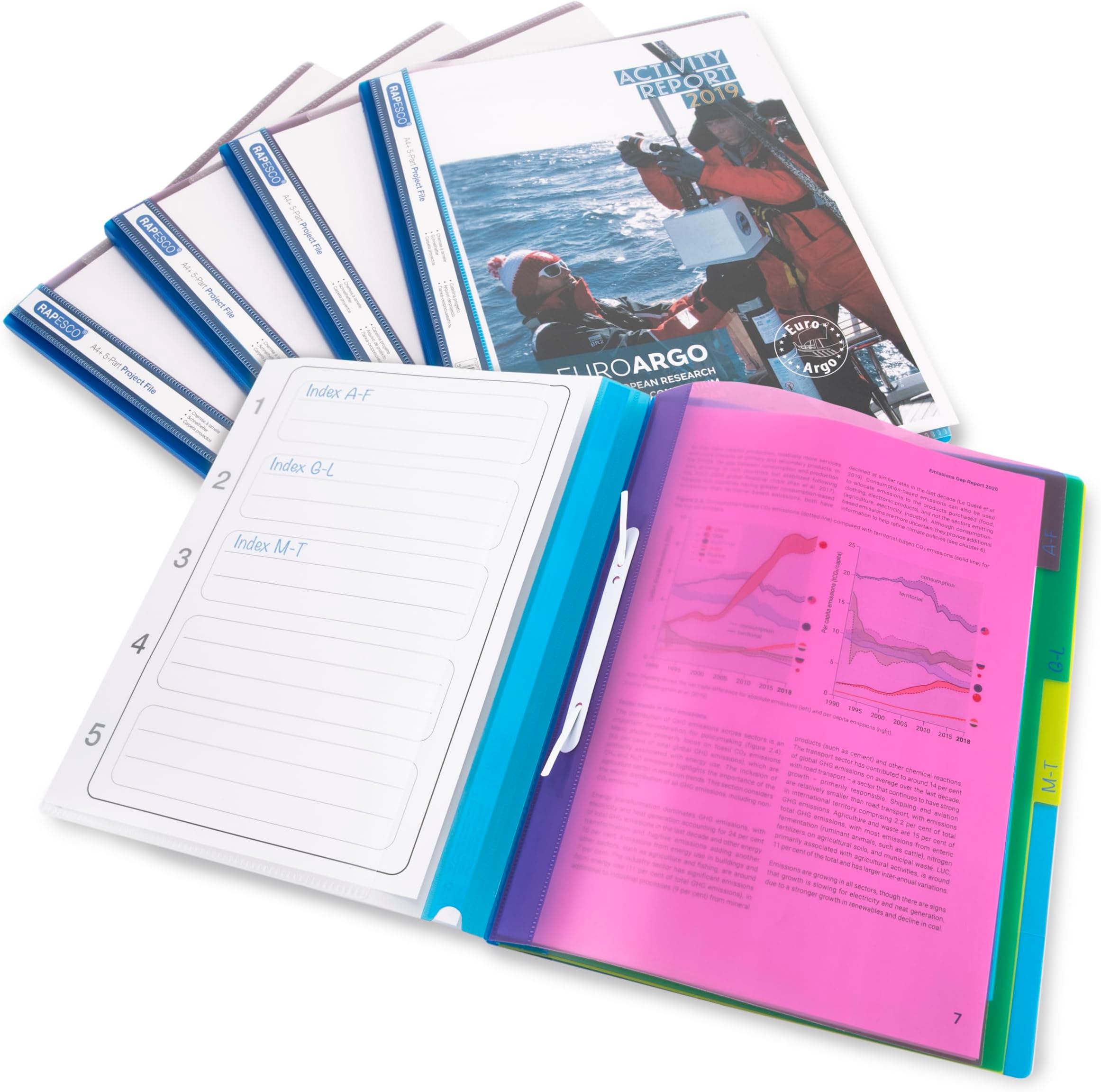 Rapesco 0668 Multi-Part Project File, A4, Transparent with Coloured Dividers, Pack of 5