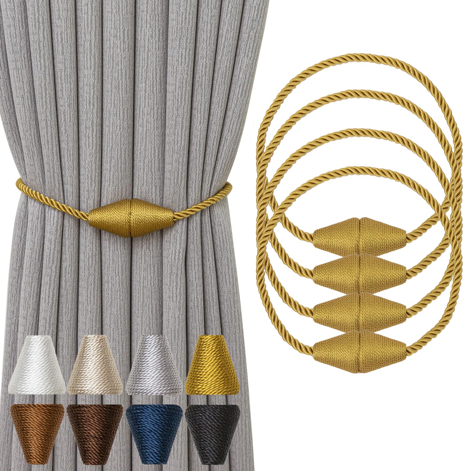 Contoeey Magnetic Curtain Tiebacks 4 Pack Outdoor Rope Curtain Tie Backs Decorative Window Treatment Holdbacks for Home Decorative Curtain, Gold