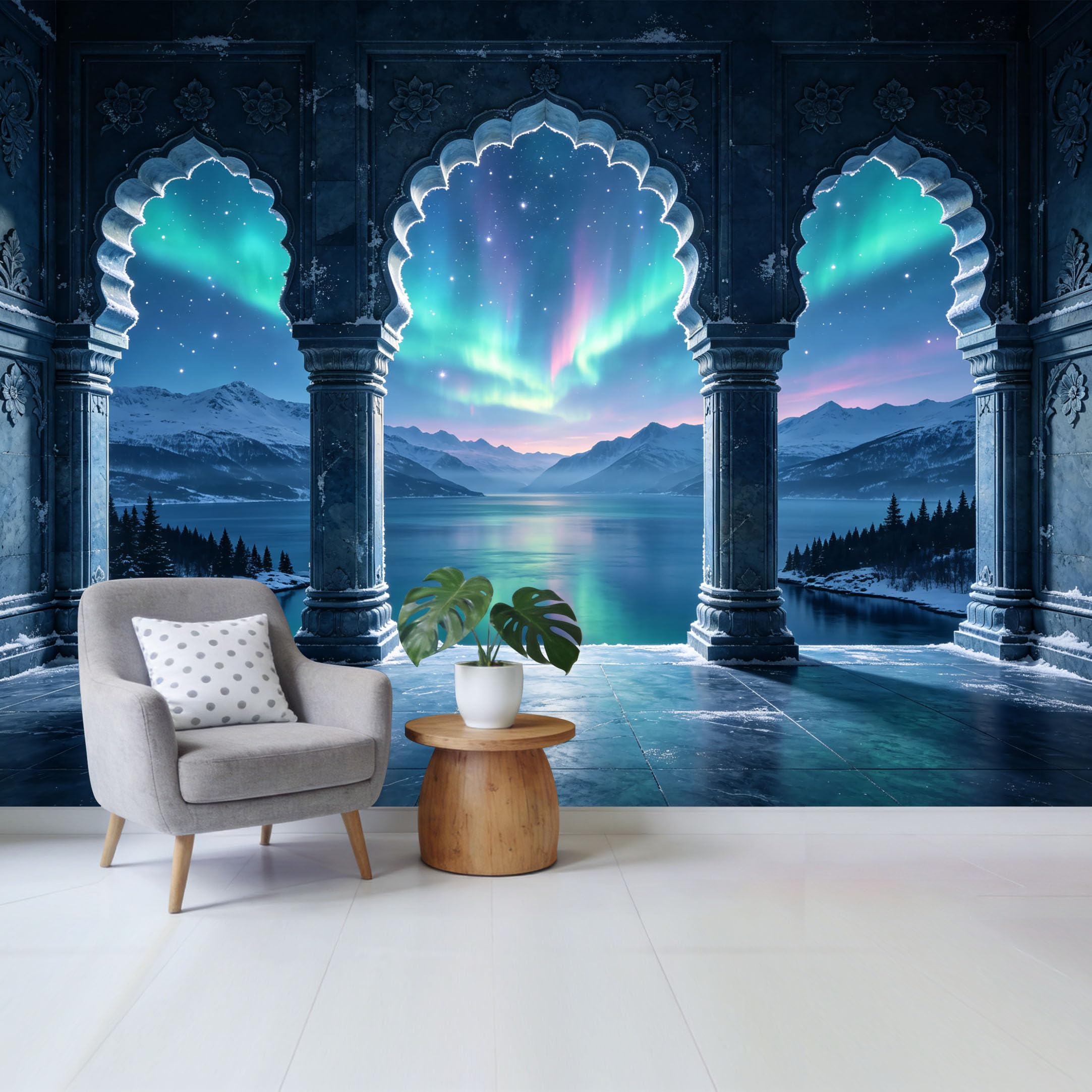 Custom Size Wall Mural Aurora Borealis Mountain Lake View Through Ornate Archway Removable Self Adhesive Fabric Home Wall Decor for Living Room Bedroom Bathroom