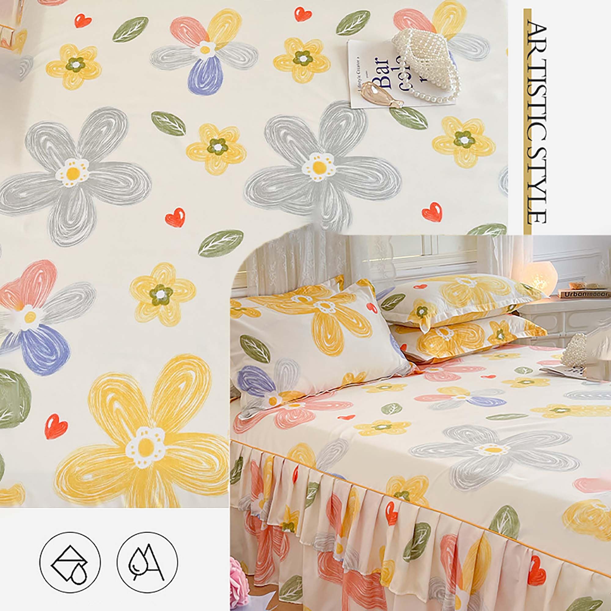 Falda de Cama con Volantes, Colcha Envolvente, Sabana Bajera con Volantes Acolchado, Transpirable Protector de Colchó para el hogar, con Fundas de Almohada