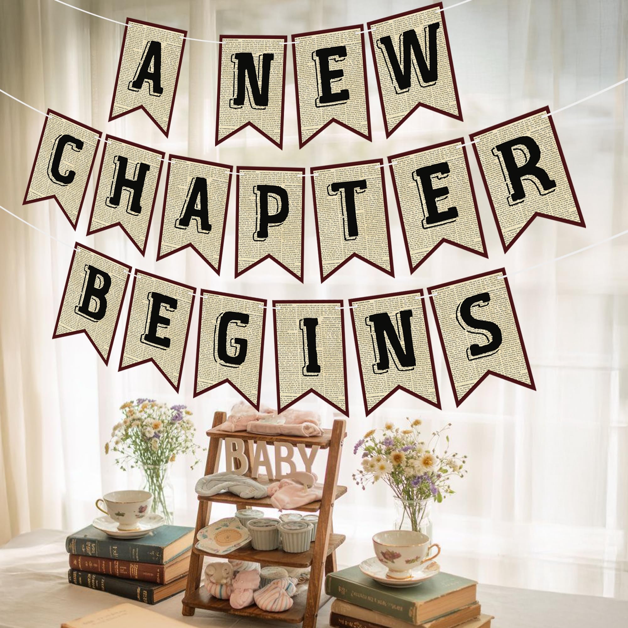 Partybanner "A New Chapter Begins", Vintage-Buch, Kapitel 1, Party-Girlanden für Geburtstag, Babyparty, Buchclub, 3 Stück