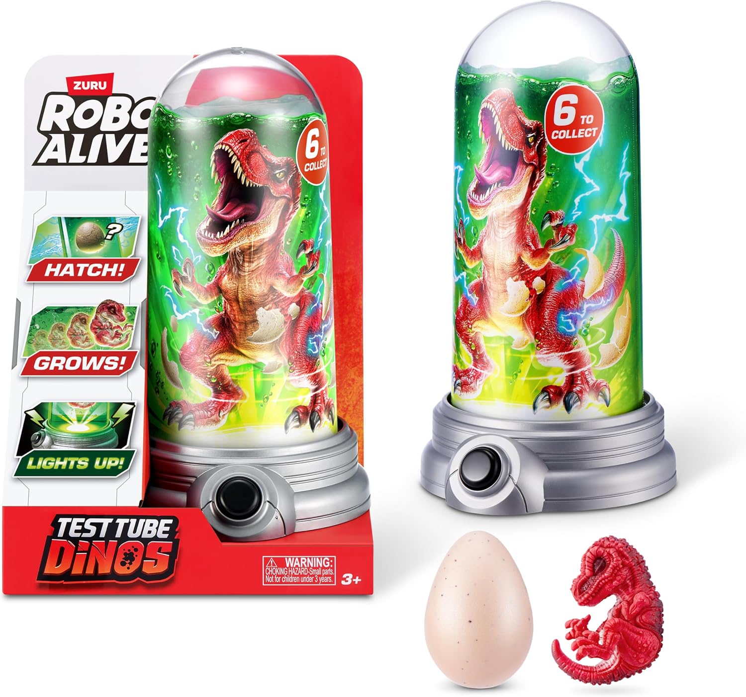 Robo Alive Test Tube Dinos by ZURU (T-Rex) | Grow your own dino 100x bigger; become the scientist; submerge & watch it grow; light-up test tube; gift for kids