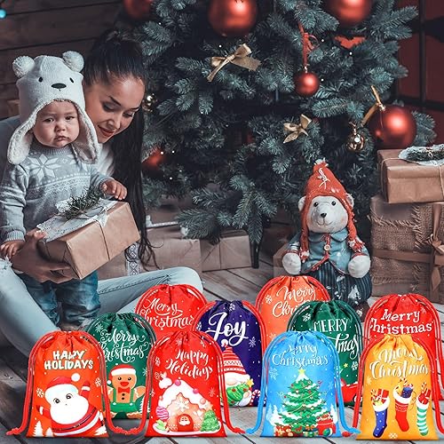 Miniatura 6 de Honoson 24 bolsas de regalo con cordón de Navidad, bolsas de regalo de fiesta de Navidad, bolsas de dulces de Navidad, bolsas de golosinas de muñeco
