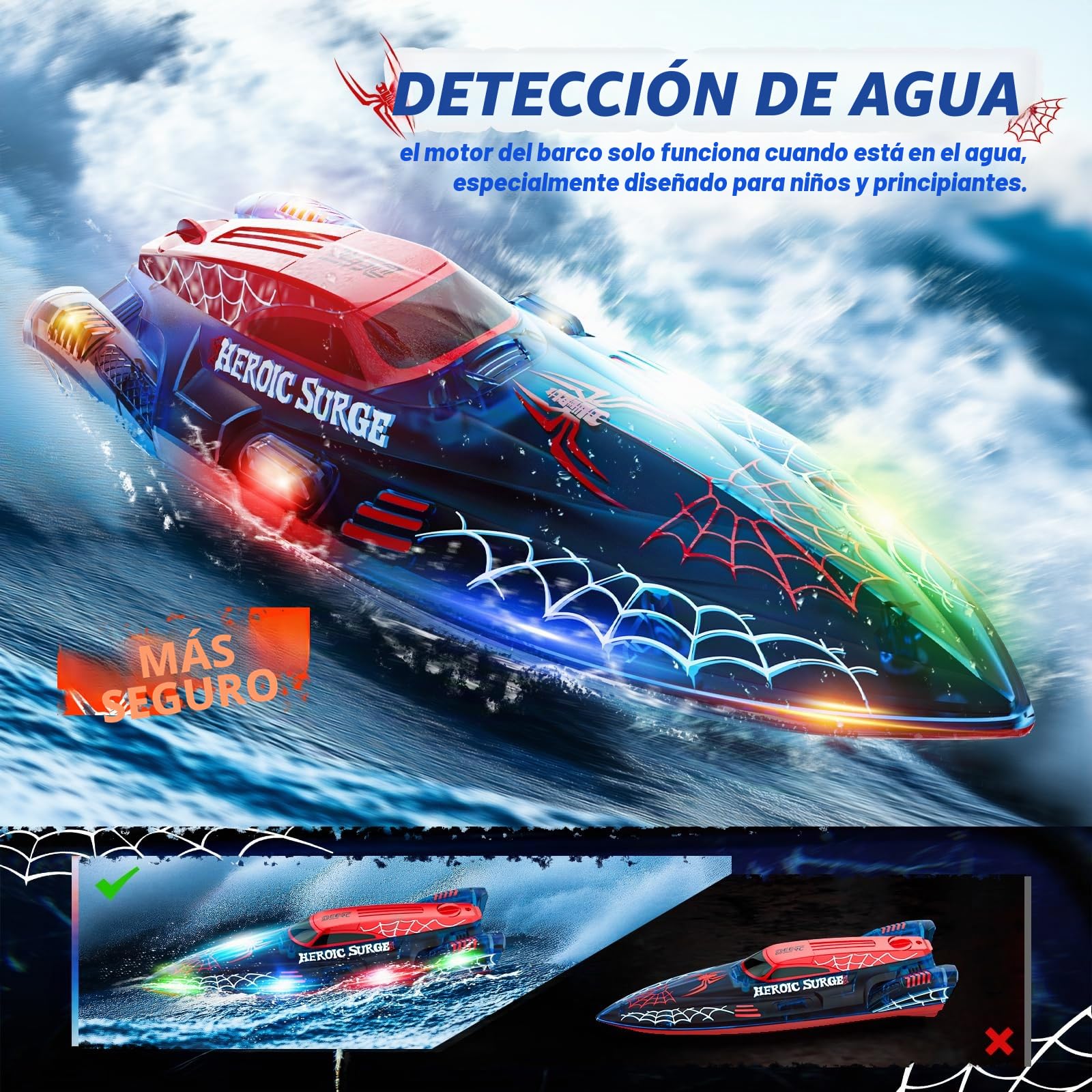 DEERC Barco teledirigido de 13 Pulgadas para niños, Barco araña teledirigido de 2,4 GHz con Luces LED para Piscinas y Lagos, Juguete acuático de Verano para niños de 8 a 12 años, 2 Pilas
