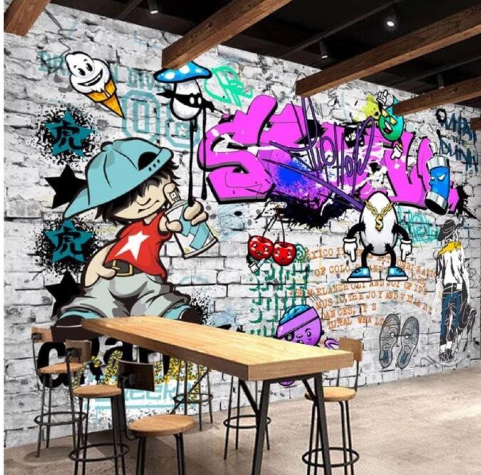 Papier Peint Mural Art De Rue Graffiti Mur De Briques Fond D'Écran Restaurant Décor, 3D, 350x245cm
