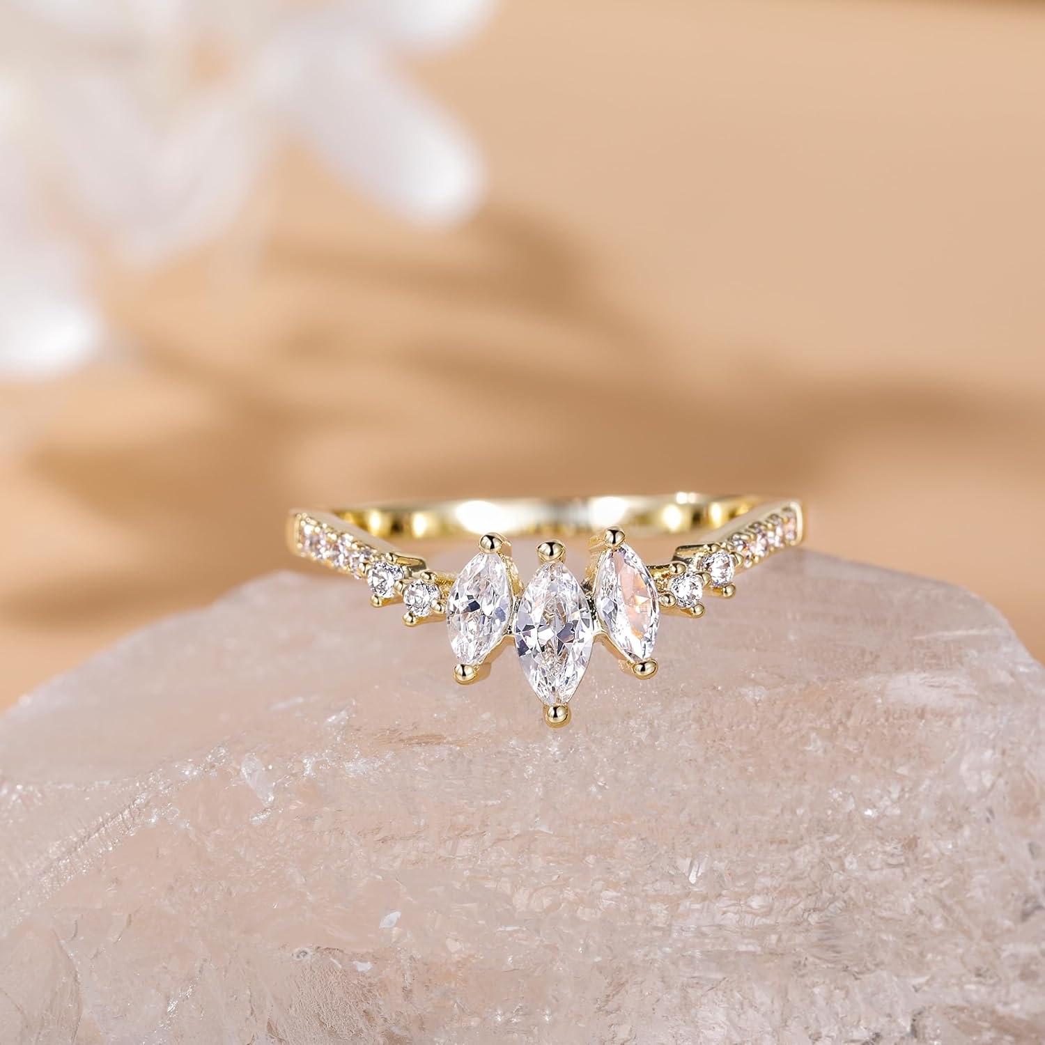 SHINYSO 14K Gold Plated Wedding Band for Women Thin Stackable Ring Dainty Curved Marquise Cubic Zirconia Eternity Engagement Promise Ring Size 4-10 - Image 2