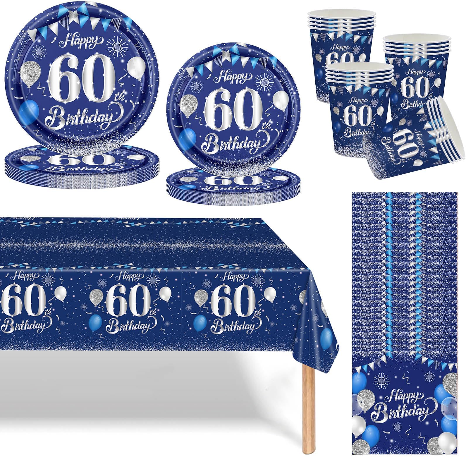 Navy Blue Silver 60th Birthday Party Tableware Set,69pcs 60th Birthday Dinnerware Navy Blue Party Paper Plates Cups Napkins and Tablecloth for Women Men 60 Years Old Birthday Gifts Party Supplies