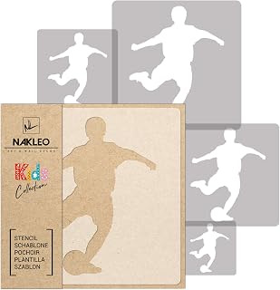 NAKLEO Plantillas para Pintar para Habitación Niños, 5 Stencil 9x9 a 34x34cm Futbolista Fútbol Balón, Patrón Plástico y Reutilizable para Dibujar, DIY Arte Decoración, Pared Madera Muebles Tejido