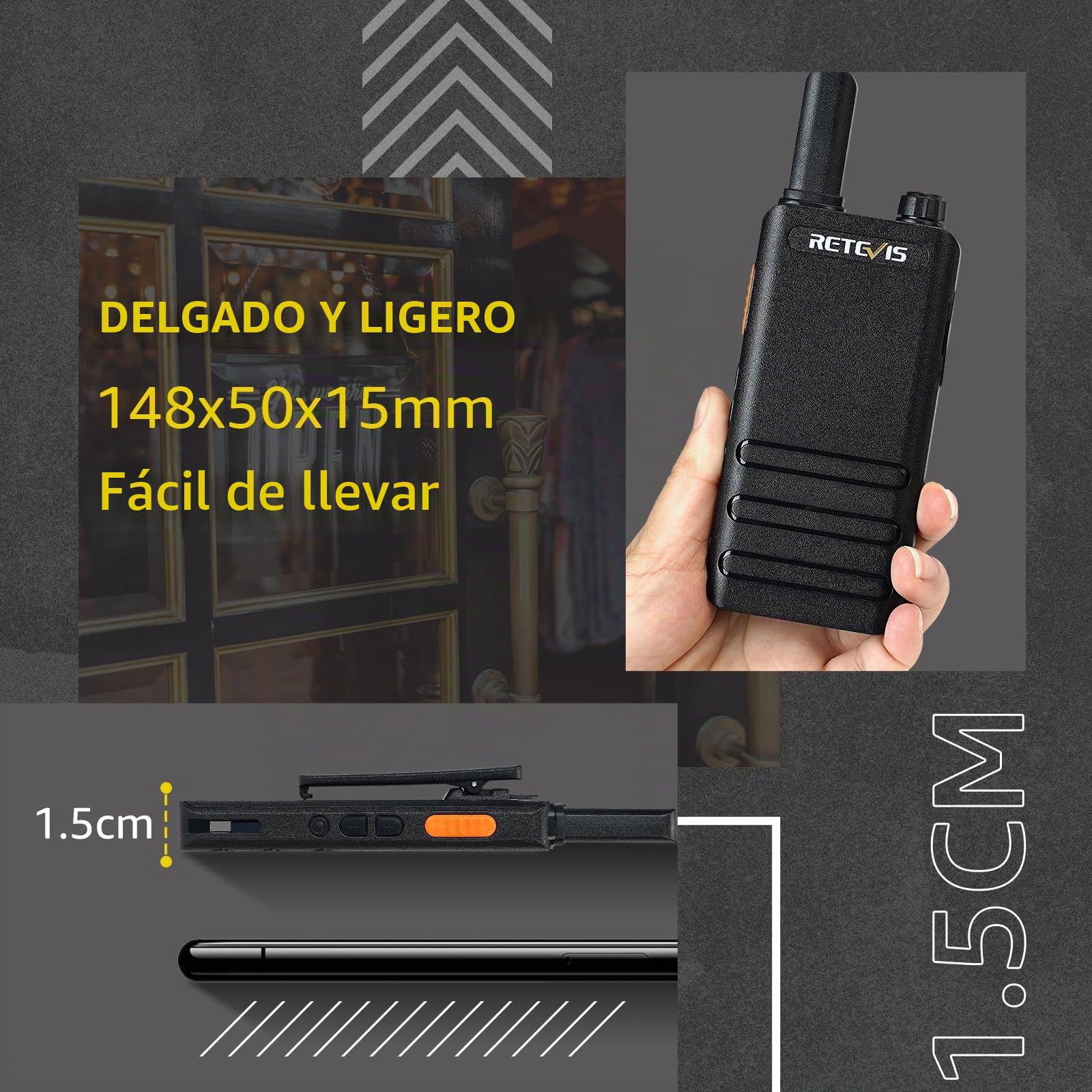 Retevis RT622P Walkie Talkie, Ultrafino Walkie Talkie Profesional 15mm, PMR446, USB-C, VOX, 1620 mAh, Recargable Walkie Talkies con Auriculares para Restaurante, Minorista, Escuela (4 Piezas, Negro)