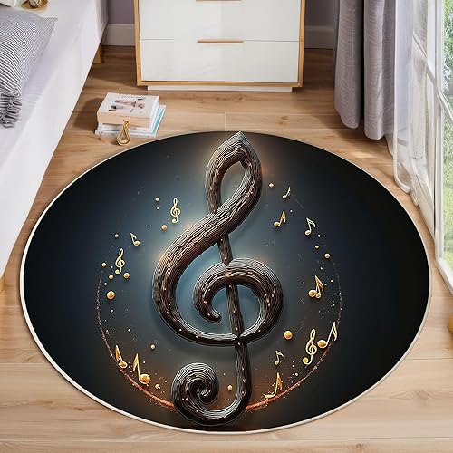 Miniatura 6 de Alfombra redonda grande lavable para sala de estar, notas musicales de grano de madera 3D, alfombra redonda de 2 pies, antideslizante, alfombra