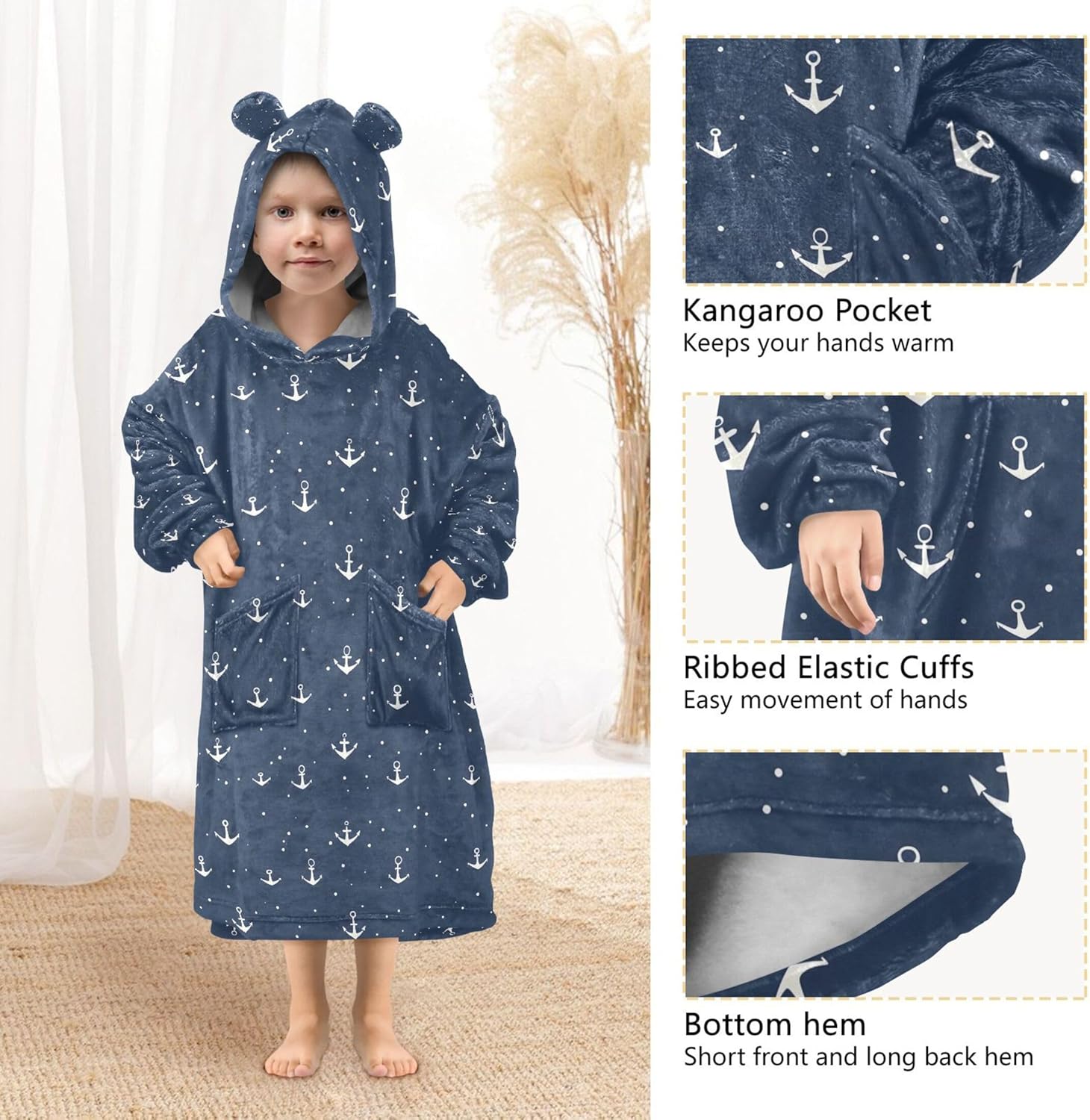 Anchor Blue Kids Wearable Blanket Hoodie with Pocket and Sleeves for Toddlers, Cute Hoodies Girls Boys B0403601