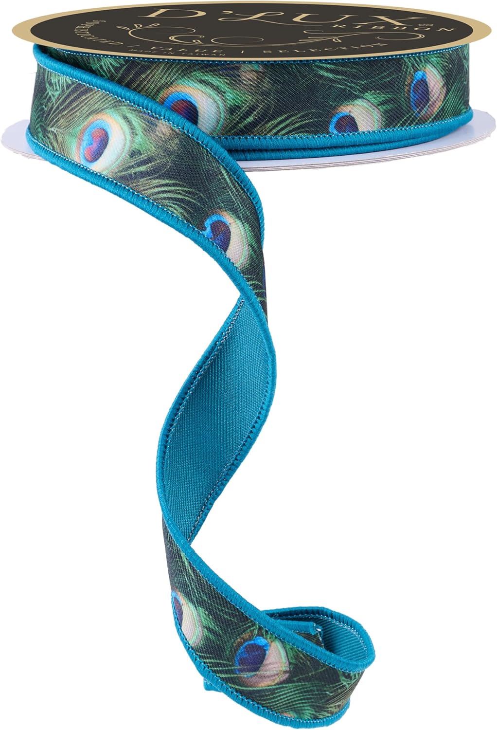 D'Lux Peacock Feather Fused Two-Sided Wired Ribbon for Bows, Wreaths, Gift Wrap, Crafts, and Decorations (Green, Blue, Teal, Multi, 2.5" Wide x 10 Yards)